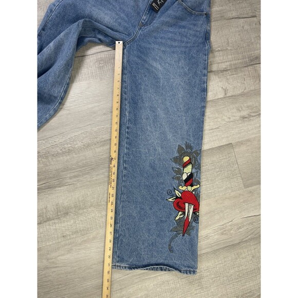 Ed Hardy Heart Dagger Love Wide Leg Loose Fit Retro Light Jeans Size 32 Y2K R - Picture 10 of 11